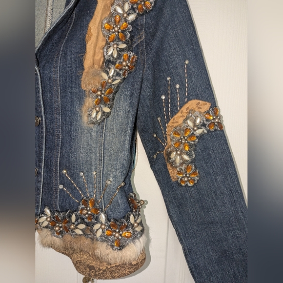 Embellished Denim Jacket by WEST 36th with Fox Fur Trim, Beaded Rhinestone - Picture 8 of 12